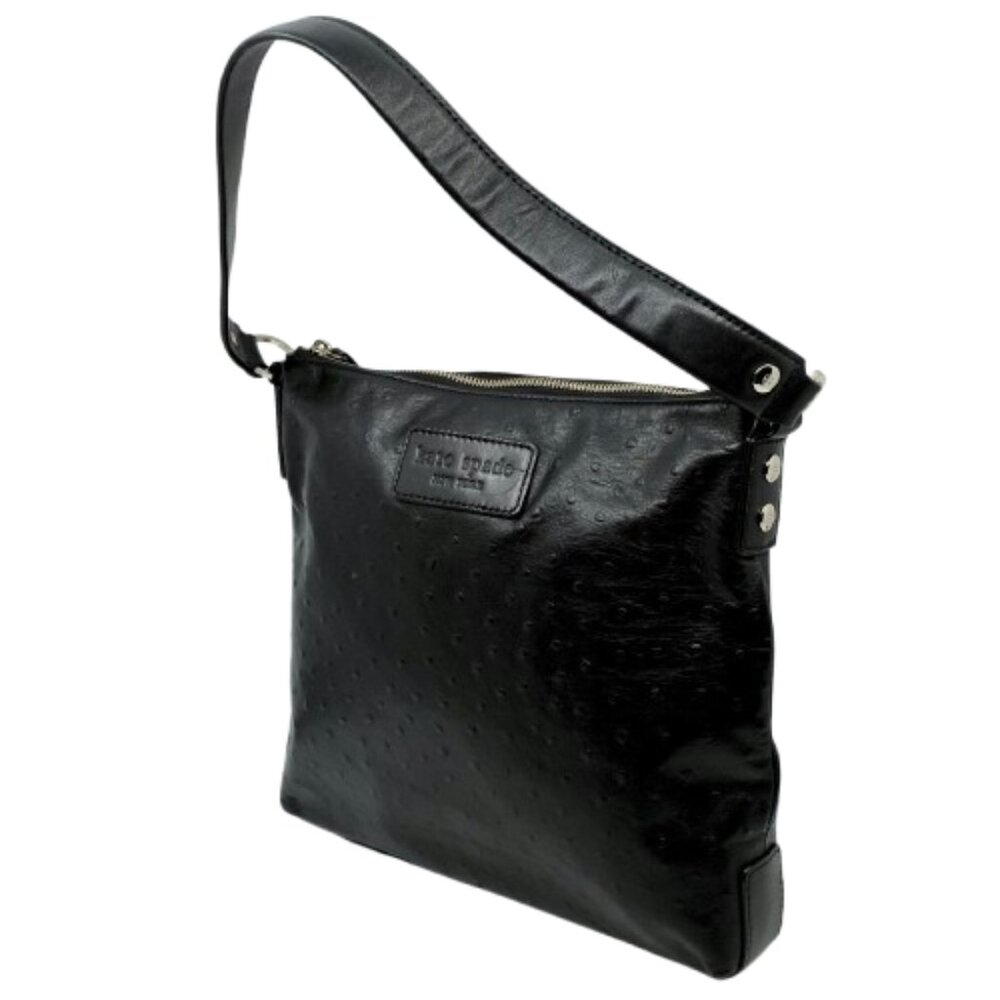 KATE SPADE~BLACK LEATHER OSTRICH EMBOSSED ZIP TOP SHOULDER BAG LIKE NEW